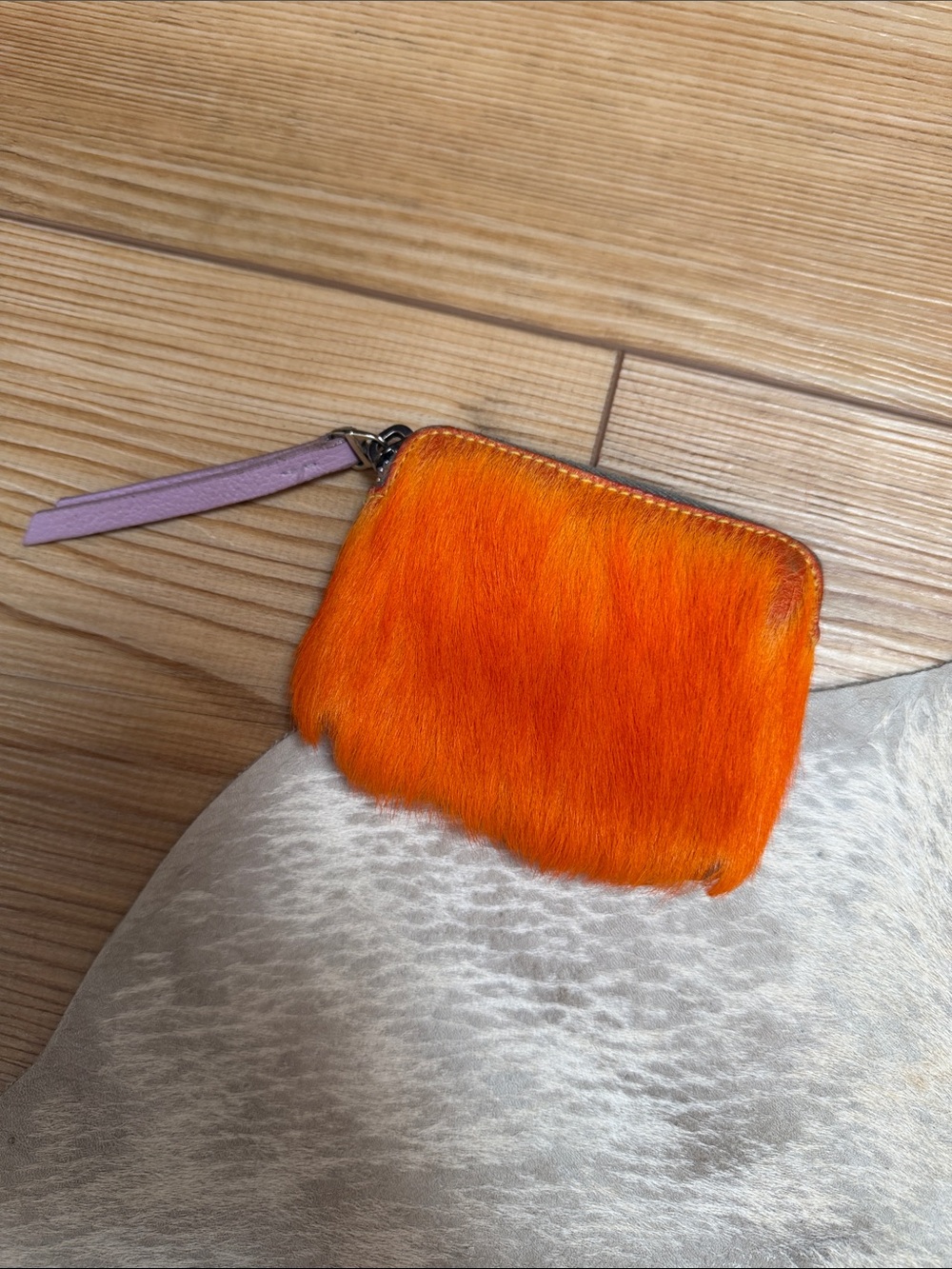 Orange Fur Zip Wallet with Lilac Leather
